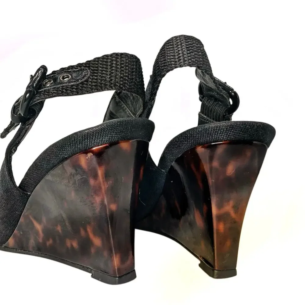 Vintage Stuart Weitzman Black Peep Toe Slingback Wedges Tortoise Resin Heels - Picture 7 of 16